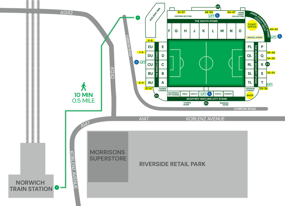 walking map to Carrow Road
