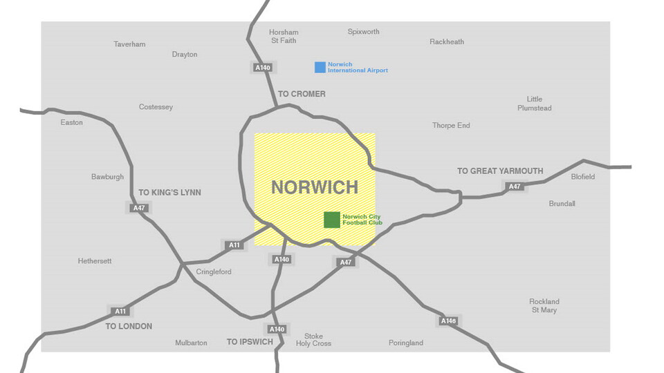 map of norwich displaying where carrow road is