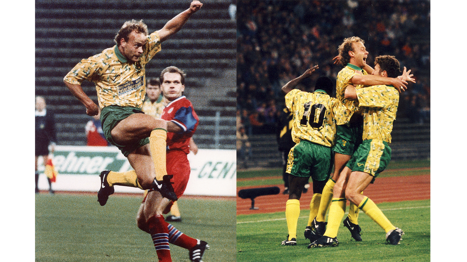image from 1993 norwich vs bayern munich. jeremy goss shooting and celebrating the goal