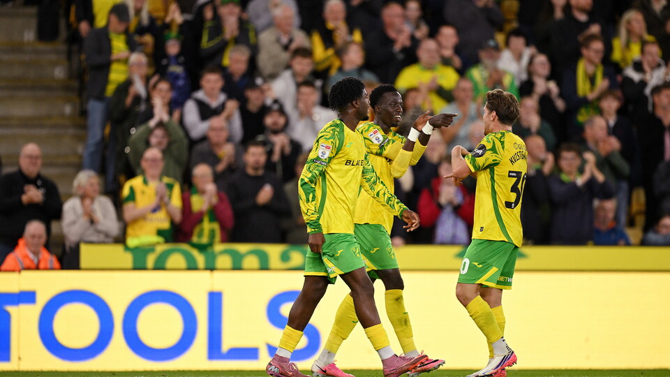 Norwich City celebrate scoring against Birmingham City at Carrow Road