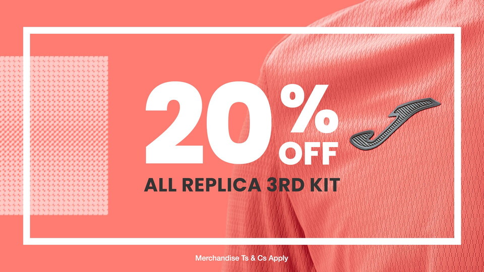 We are now offering 20% off all replica third kit and third goalkeeping kits on top of our current store sale.