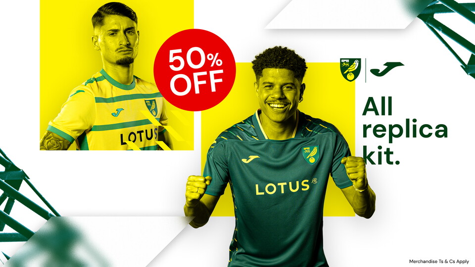 Canaries fans can now get 50 per cent off all replica kits, training and travelwear in store and online.