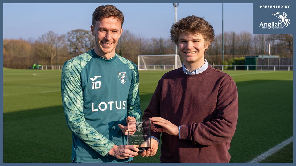 The Norwich City January Player of the Month trophy was presented to Kieran Dowell by Canary fan Luke Mitchell on Monday afternoon at the Lotus Training Centre.