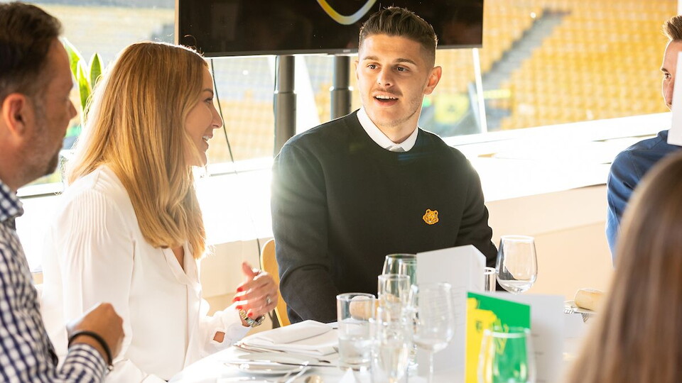 Members of the Norwich City first-team squad and their player kit sponsors had dinner at Carrow Road on Monday night.