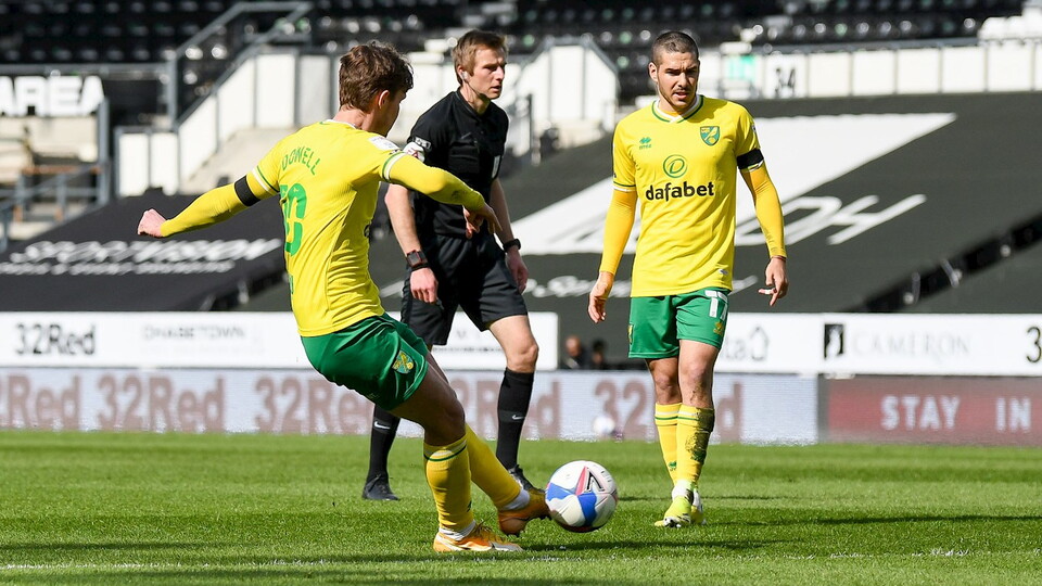 Norwich City edged a step closer to automatic promotion as Kieran Dowell scored the only goal of the game in a 1-0 win away at Derby County.