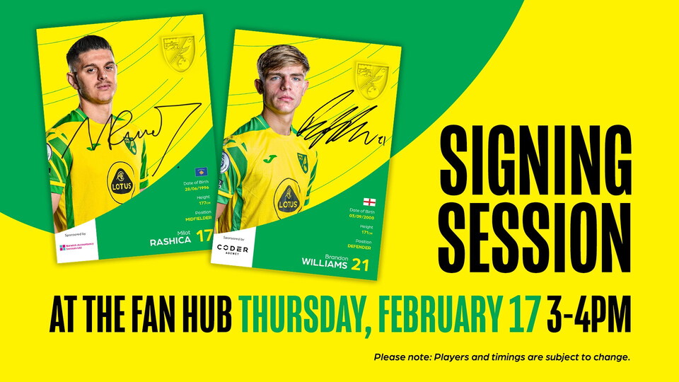 Today, Thursday, February 17, the Fan Hub on London Street will be hosting a signing session with two Norwich City first team players.