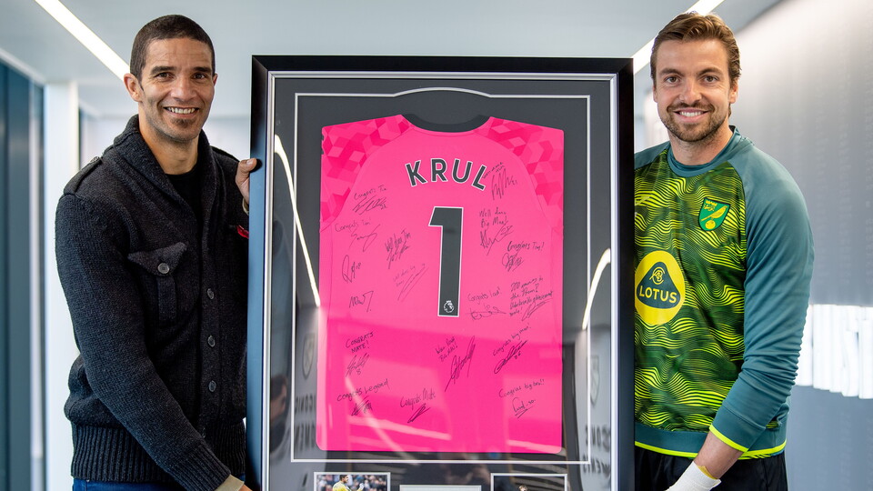 Norwich City goalkeeper Tim Krul was recently presented with his 200th Premier League appearance shirt by David James, who holds the record for goalkeeper appearances in the Premier League.