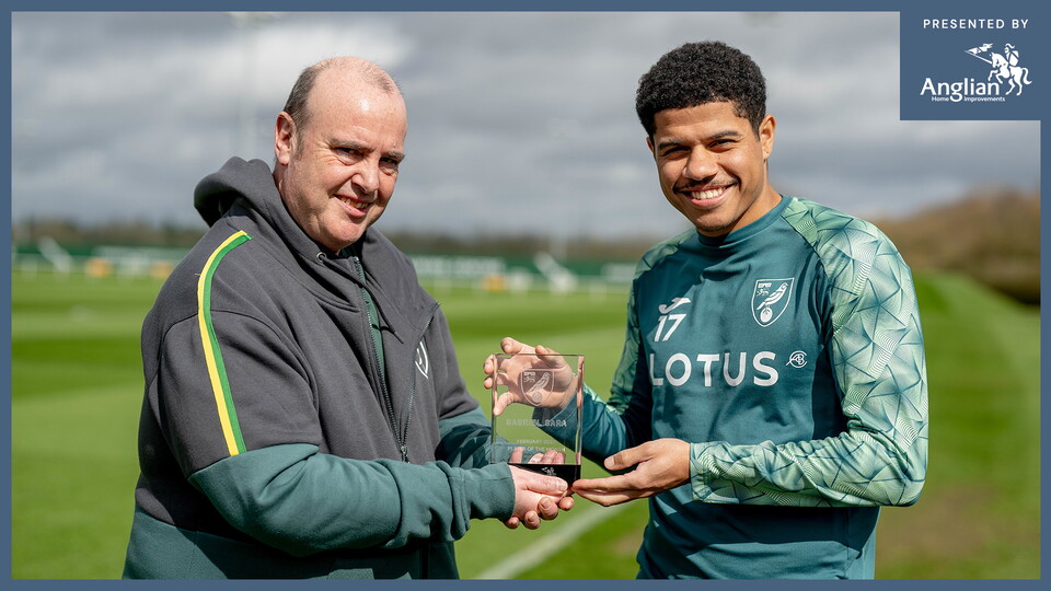 The Anglian Home Improvements Player of the Month trophy for February was presented to Gabriel Sara recently by Norwich City supporter Julian Stevenson.