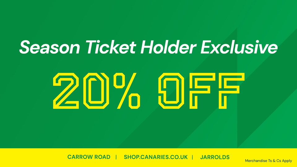 Norwich City are giving season ticket holders 20% off all merchandise in an exclusive retail offer for a limited time only.