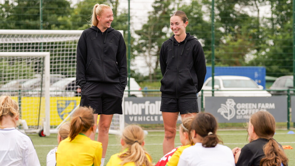 Norwich City Women players Grace Riglar and Freya Symonds joined a soccer school at The Nest on Monday afternoon, hosted by the Community Sports Foundation.