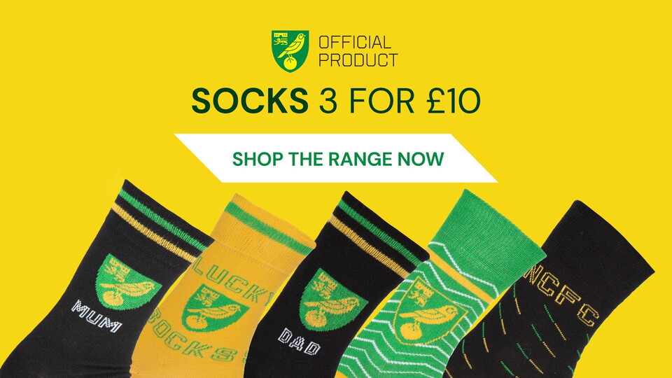 Take advantage of our latest merchandise offer and shop three for £10 on all Norwich City socks.